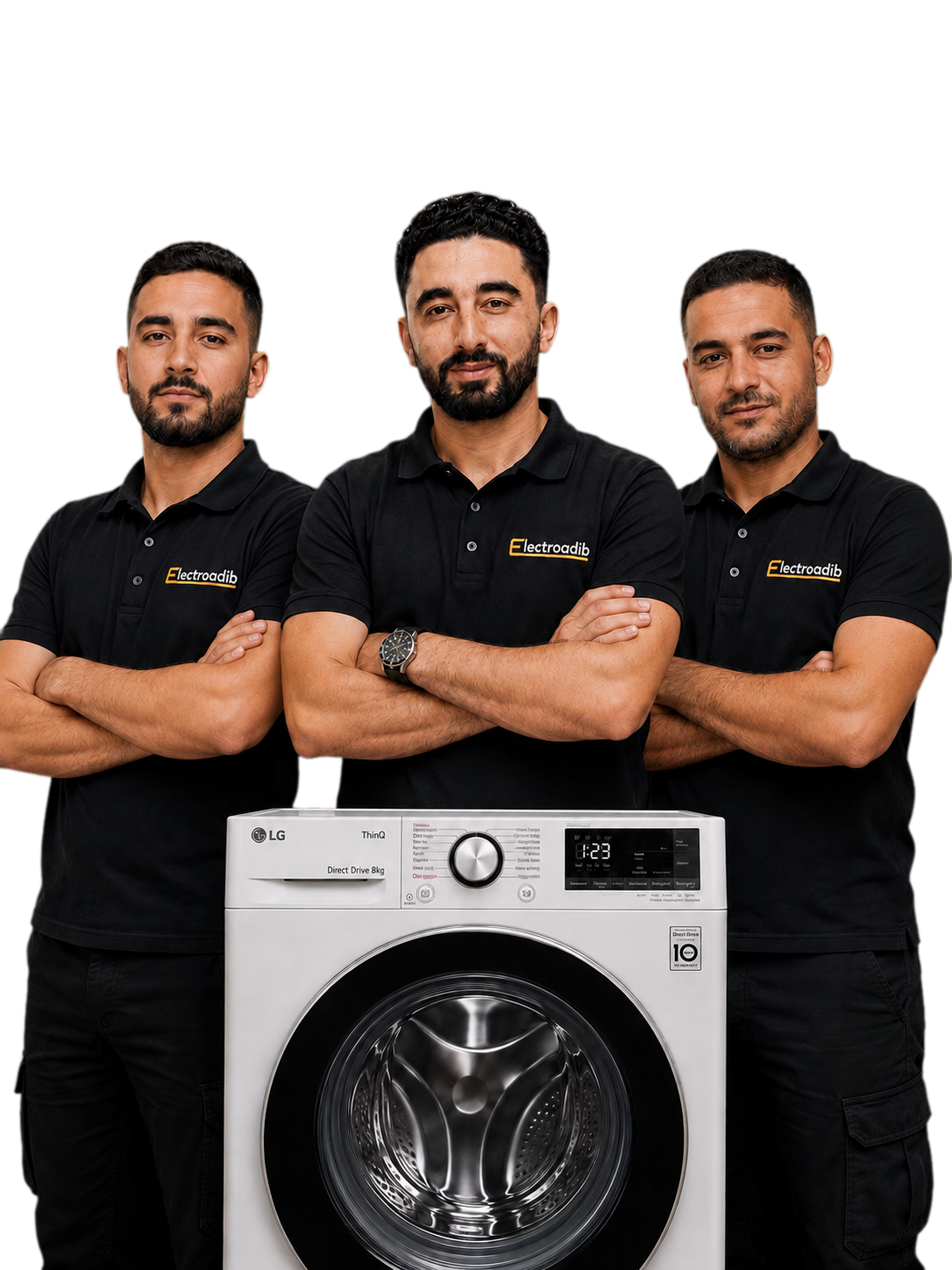 Les trois techniciens Electroadib avec un lave-linge LG