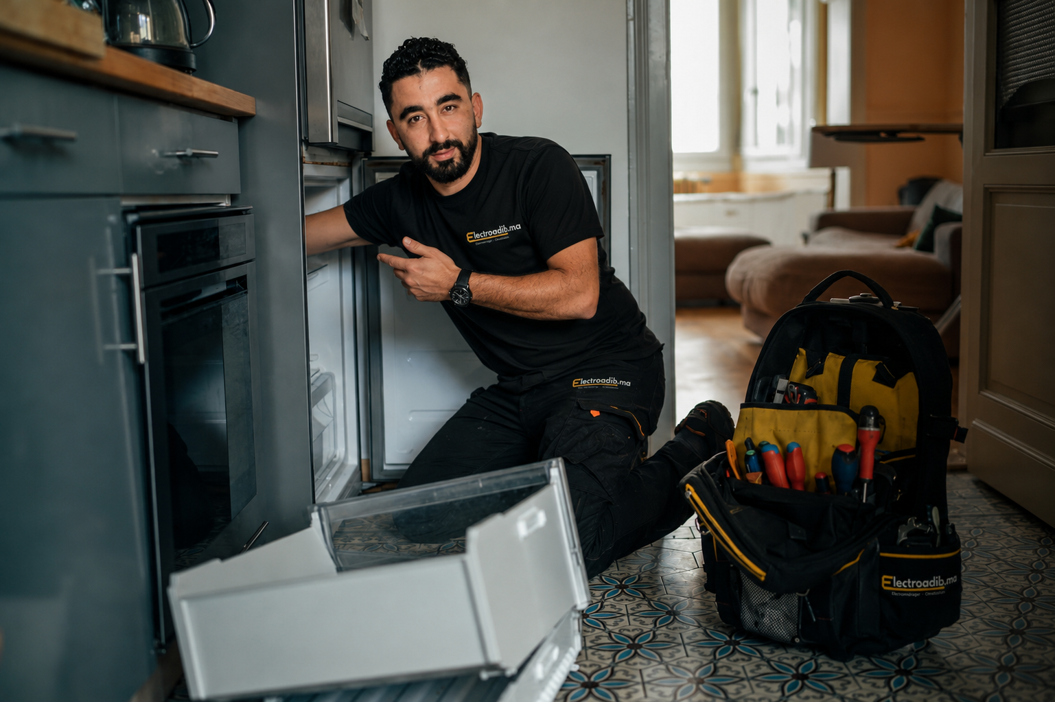 Technicien Electroadib qui répare un réfrigérateur à domicile